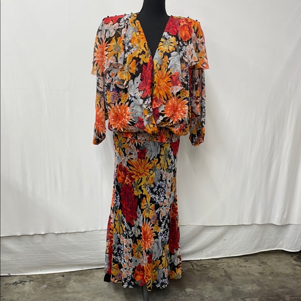 Vintage Floral Women's Maxi Skirt Set, 100% silk, size 10